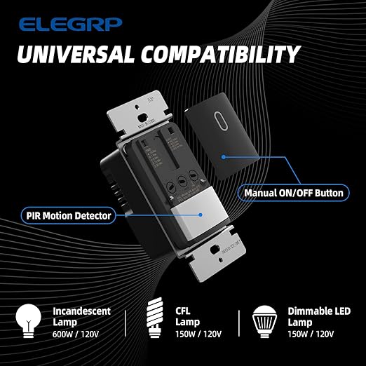 ELEGRP Occupancy Motion Sensor Light Switch, PIR Infrared Motion Activated Wall Switch, No Neutral Wire, Single Pole for CFL/LED/Incandescent Bulb, Wall Plate Included, UL Listed (6 Pack, Matte Black)