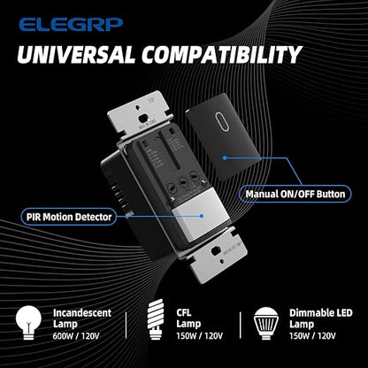 ELEGRP Occupancy Motion Sensor Light Switch, PIR Infrared Motion Activated Wall Switch, No Neutral Wire, Single Pole for CFL/LED/Incandescent Bulb, Wall Plate Included, UL Listed (1 Pack, Matte Black)