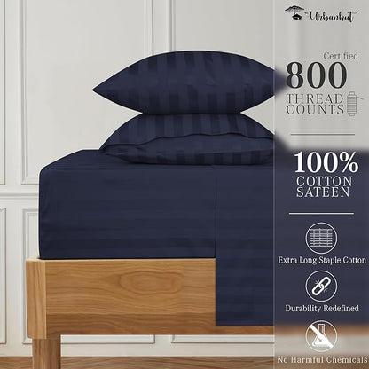 URBANHUT 800 Thread Count Egyptian Cotton Damask Striped King Size Sheets Set (4 Pc) - Ultra Soft & Smooth, Sateen Weave King Size Sheets, Luxury Hotel Sheets with 16" Deep Pocket - Navy Blue