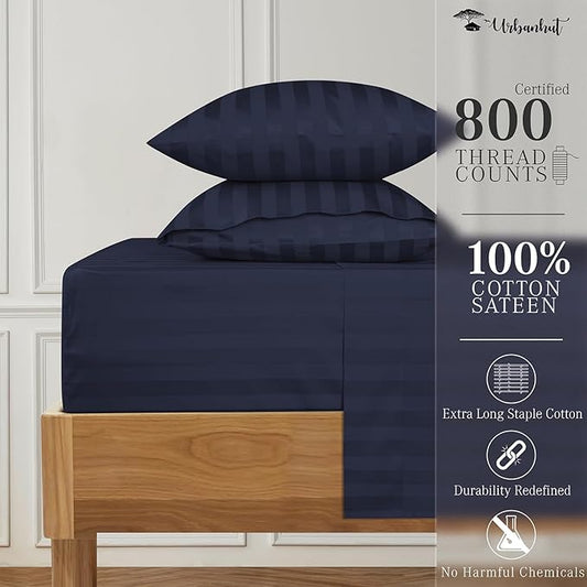 URBANHUT 800 Thread Count Egyptian Cotton Damask Striped King Size Sheets Set (4 Pc) - Ultra Soft & Smooth, Sateen Weave King Size Sheets, Luxury Hotel Sheets with 16" Deep Pocket - Navy Blue