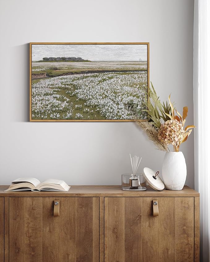 InSimSea Framed Canvas Wall Art Vintage Decor, Classical Grassland Paintings Large Wall Art, Meadow Full of Flowers Pictures for Living Room Farmhouse Bathroom Decor, 16"x24"