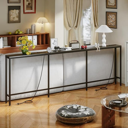 94.5" Behind Couch Table with 2 Fast Charging Stations, 7.1" Narrow Skinny Sofa Table with 4 Power Outlets, 4 USB-A, 2 USB-C for Console Entryway, Black