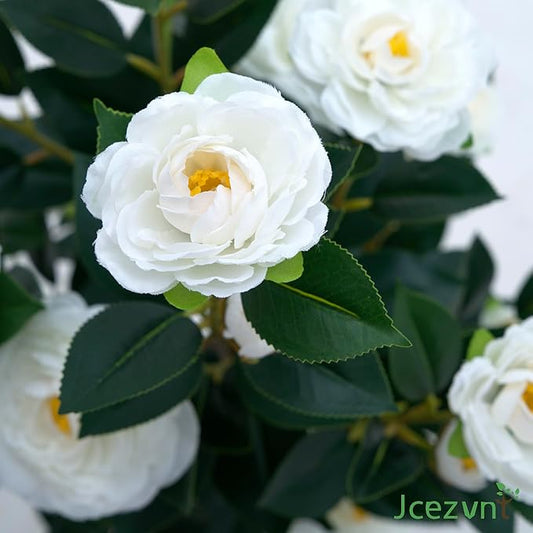 2 Pack Artificial Camellia Tree with White Pot, 38" Faux Potted Plants for Indoor Outdoor Decor, Tall Silk Greenery Plant for Home Office Living Room Balcony, White