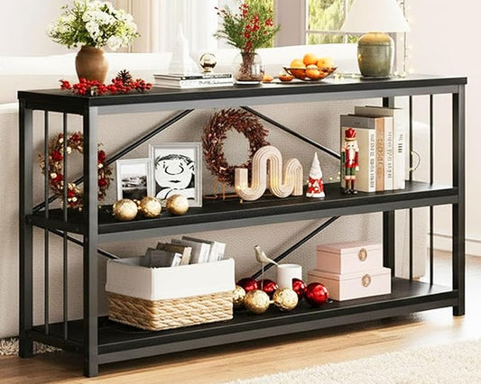 LVB Black Entryway Table, Modern Narrow Console for Hallway, Industrial Farmhouse Foyer Table with Storage Shelves, 63 Inch