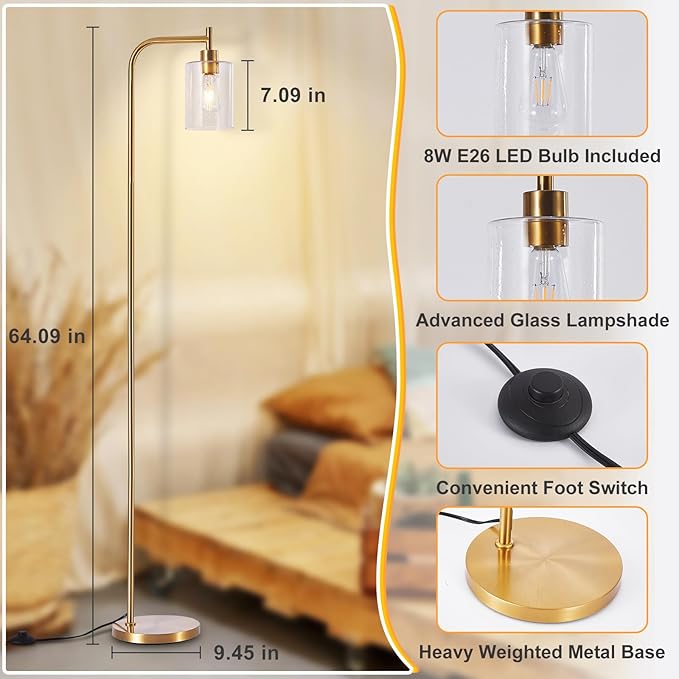 DLLT Floor Lamp Tall for Room: Gold Standing Lamp with Seeded Glass Lampshade for Living Room - Modern Bright Lamp for Bedroom - Industrial Corner Floor Lamps for Office 8W Led Bulb Included