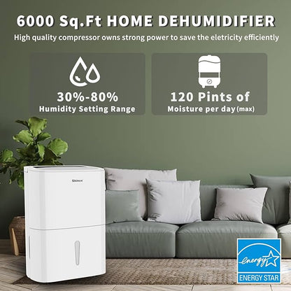 120 Pints Energy Star Dehumidifier with Drain Hose and WIFI for Large Spaces up to 6,000 Sq.Ft, Auto Defrost & Continuous Drainage - Ideal for Home Basements, Bathroom, and Bedroom