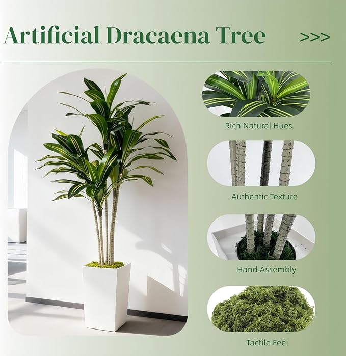 Artificial Dracaena Tree 5FT with White Tall Planter - Artificial Plants Indoor,Faux Yucca Tall Fake Floor Plant in Pot for Home Office Living Room Decor Indoor