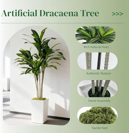 Artificial Dracaena Tree 5FT with White Tall Planter - Artificial Plants Indoor,Faux Yucca Tall Fake Floor Plant in Pot for Home Office Living Room Decor Indoor