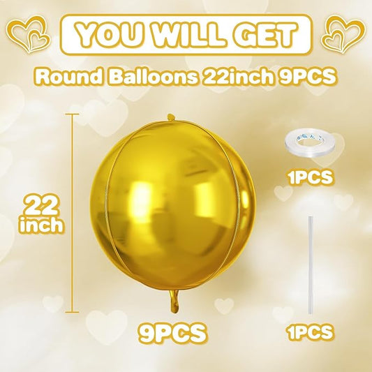 Gold Round Foil Balloons 9 pcs,Metallic Gold Giant 4D Round Balloons 22 Inch for Wedding Graduation Anniversary Baby Shower Birthday Party Decorations