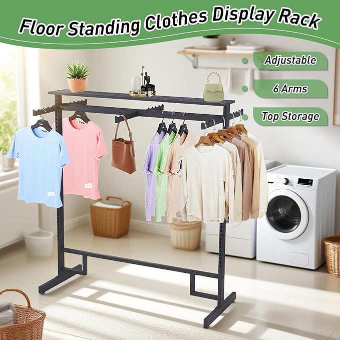 Retail Clothing Rack with wheels, 6 Arms Commercial Clothing Display, Height Adjustable Garment Rack, Free Standing Metal Clothing Rack, for Retail clothing store Home Laundry Room (black)