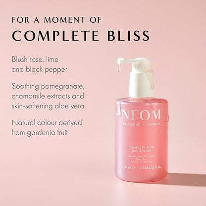 Neom Complete Bliss Hand Wash, 300ml | Blush Rose, Lime & Black Pepper I Natural colour derived from gardenia fruit I 100% Recyclable Bottle I Refillable
