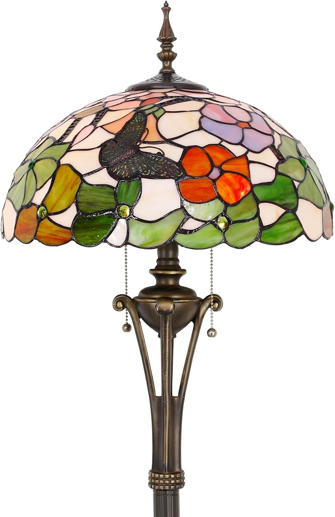 Tiffany Floor Lamp Butterfly Flower Stained Glass Standing Reading Light 16X16X70 Inches Antique Pole Corner Lamp Decor Bedroom Office Living Room