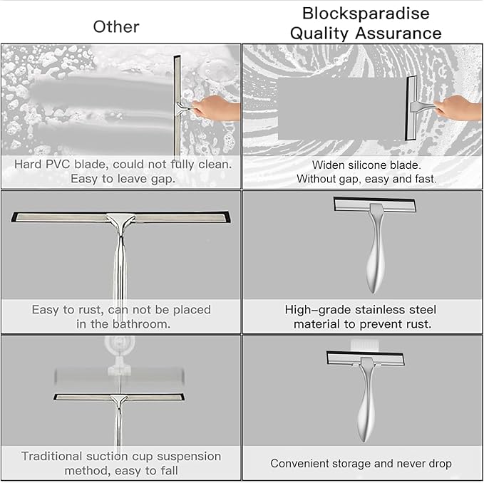 peafowl Shower Squeegee Stainless Steel Bath Squeegee for Shower Glass Doors Bathroom Windows Kitchen Mirror and Car Glass with Hooks Holder (Brushed Silver, 6 inch-2Pack)