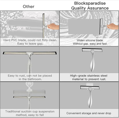 peafowl Shower Squeegee Stainless Steel Bath Squeegee for Shower Glass Doors Bathroom Windows Kitchen Mirror and Car Glass with Hooks Holder (Brushed Silver, 6 inch-2Pack)