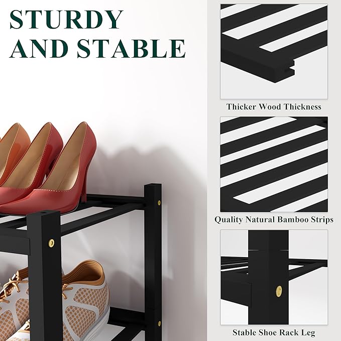 Smiry Shoe Rack, 2 Tier Small Bamboo Shoe Organizer, Stackable Free Standing Wooden Shoe Storage Shelf for Closet, Entryway, Front Door Entrance, Black