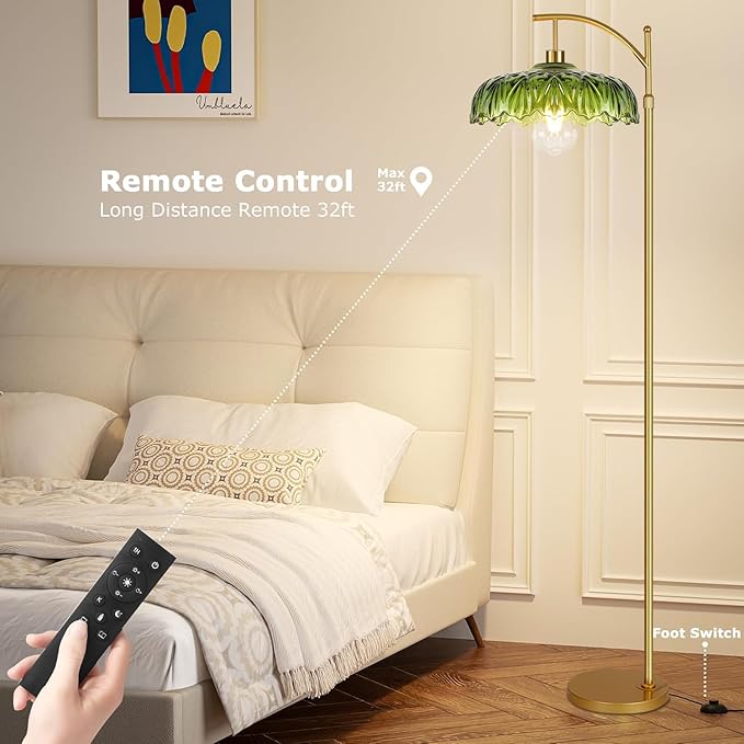 Gold Floor Lamp for Living Room,Bedroom,Mid Century Modern Standing Lamp with Remote,Dimmable Brass Tall Lamp Green Glass Lamp Shade Vintage Retro Arc Floor Lamps Floor Light Boho Bohemian