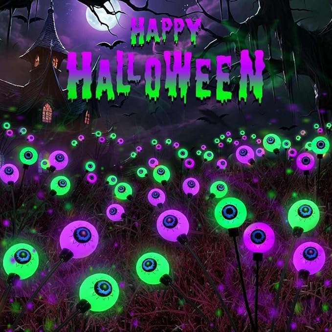 6 Pack Halloween Decorations Outdoor Solar Eyeball Lights, Purple and Green Scary Eyeball Swaying Firefly Lights with 2 Modes, Waterproof Halloween Pathway Lights for Yard Garden Lawn Party Decor