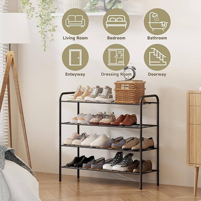 4-Tier Metal Shoe Rack, Free Standing Shoe Storage Rack for Entryway, Closet and Hallway (Black, 4-Tier)