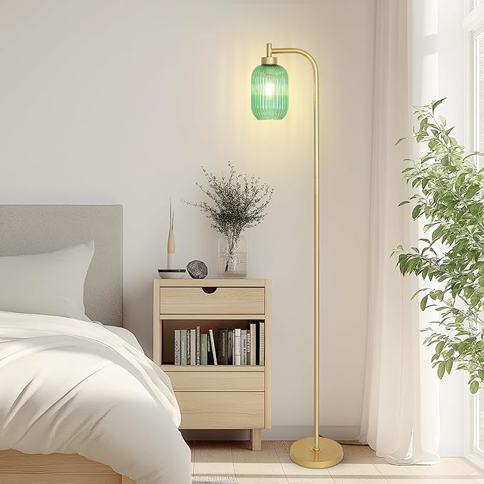 Glass Floor Lamp for Living Room, Modern Gold Standing Lamp with LED Bulb, Green Stripe Glass Shade, Foot Switch, Vintage Brass Tall Lamp, Minimalist Corner Pole Lamp for Bedroom Office