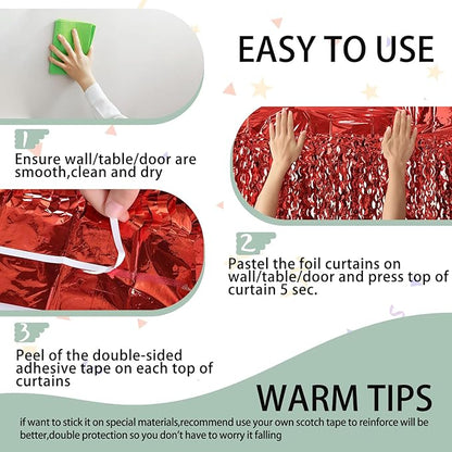3 Pack Red Aluminium Foil Curtains, 3.3ft x 6.6ft, Wavy Shape, for Party Decorations & Photo Background