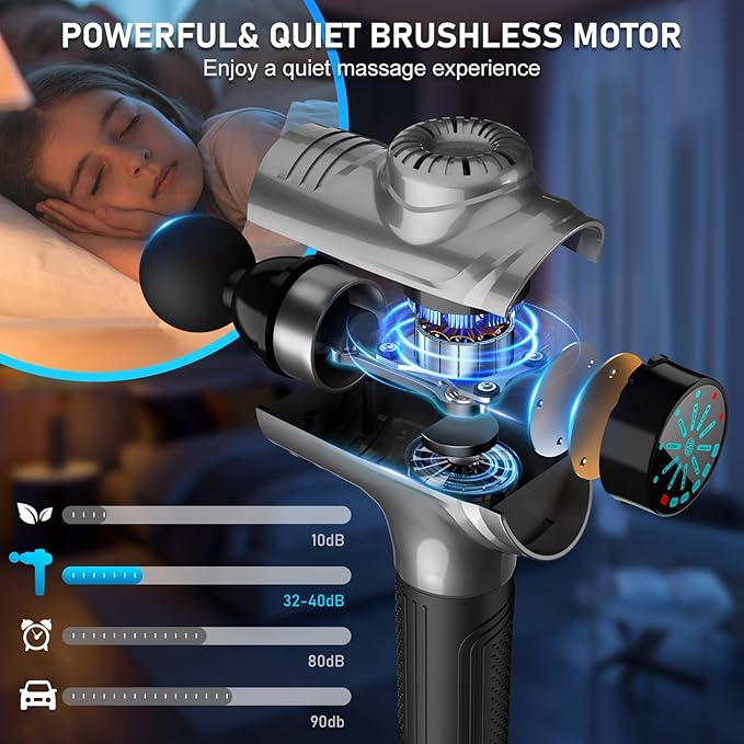 RAEMAO Massage Gun, Handheld Electric Deep Tissue Muscle Massager for Athletes for Pain Relief Attaching 8 Replacement Heads, Percussion Massager with 10 Speeds, Father's Day Gifts, Grey