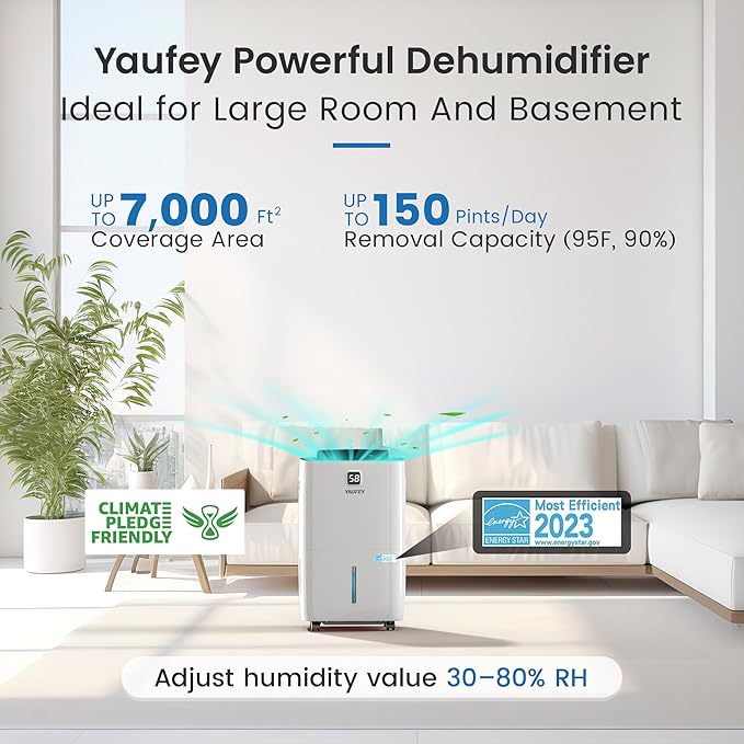 Yaufey 150 Pints Energy Star Dehumidifier with Pump for Home, Basement and Large Room up to 7000 Sq. Ft., With Drain Hose, Timer, Intelligent Humidity Control and Large Water Tank