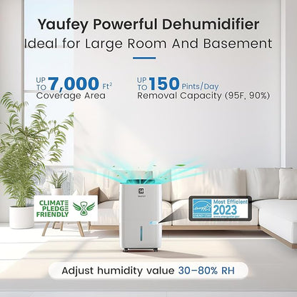 Yaufey 150 Pints Energy Star Dehumidifier with Pump for Home, Basement and Large Room up to 7000 Sq. Ft., With Drain Hose, Timer, Intelligent Humidity Control and Large Water Tank