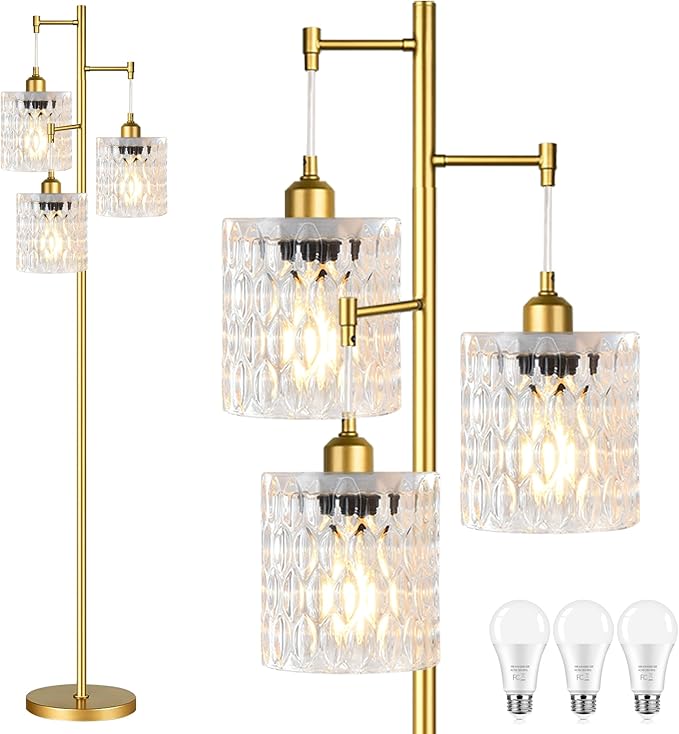 Gold Floor Lamp for Living Room,Modern Floor Lamps with Transparent Glass Shades,68IN Tall Mid Century Standing Lamp with Bulbs,3 Lights Vintage Tree Floor Lamps for Bedroom Corner Office