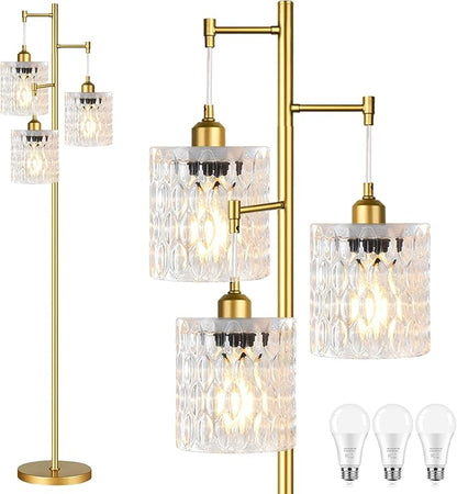 Gold Floor Lamp for Living Room,Modern Floor Lamps with Transparent Glass Shades,68IN Tall Mid Century Standing Lamp with Bulbs,3 Lights Vintage Tree Floor Lamps for Bedroom Corner Office