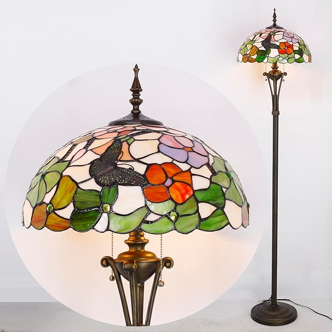 Tiffany Floor Lamp Butterfly Flower Stained Glass Standing Reading Light 16X16X70 Inches Antique Pole Corner Lamp Decor Bedroom Office Living Room