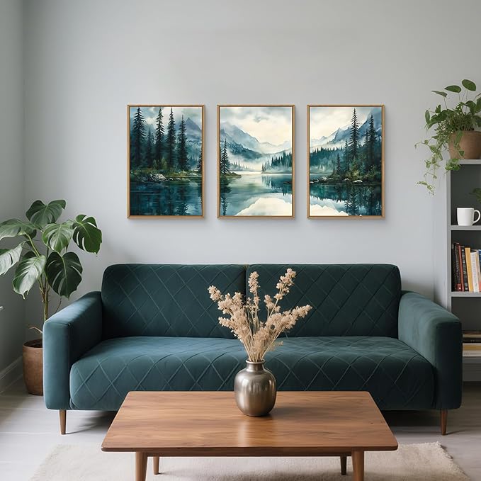 HLNIUC Green Foggy Forest Mountain Wall Art Framed,Large Boho Watercolor Pine Tree Wall Decor set of 3 (24"x36"), Nature Dark Lake Landscape Scenery Canvas Painting for Living Room, Bedroom, Office