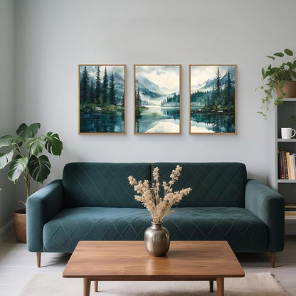 HLNIUC Green Foggy Forest Mountain Wall Art Framed,Large Boho Watercolor Pine Tree Wall Decor set of 3 (16"x24"), Nature Dark Lake Landscape Scenery Canvas Painting for Living Room, Bedroom, Office