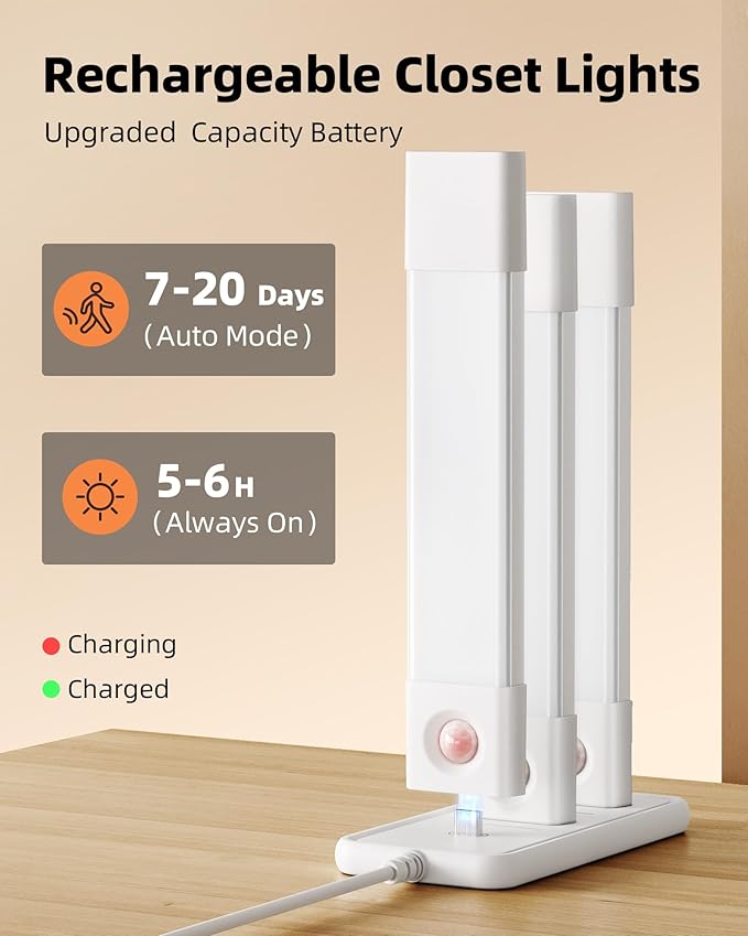 EZVALO 3 Pack Led Under Cabinet Lights Wireless with Charging Station, 7’’ Rechargeable Motion Sensor Light Indoor,3 Color Temperatures&Dimmable Closet Lights for Cabinets, Bookshelf, Stair, Hallway