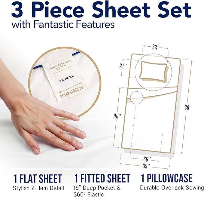 TEXAS LINEN CO. 100% Egyptian Cotton Sheets Twin XL Size - 1000 Thread Count 3 PC Twin XL Sheet Sets Cotton, College Dorm Sheets Twin XL Set, 16" Deep Pocket Luxury Cooling Bed Sheets - Ivory