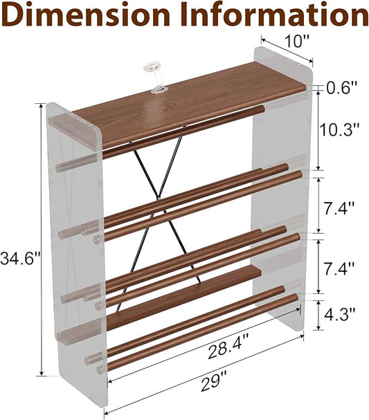 Free Standing Shoe Rack & Closet Shoe Shelf, for Entryway Small Space, Front Door, Garage, 4-Tier Slanted, Solid Wood & Acrylic Frame with Top Shelf Storage