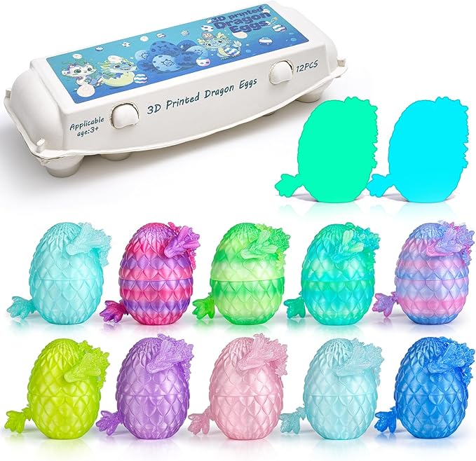 12PCS 3D Printed Dragon Eggs with Mini Dragons Inside – Sensory Fidget Toys for Adults & Kids, Eco-Friendly Egg Paper Packaging, Party Favors, Stress Relief Gifts (Series A)
