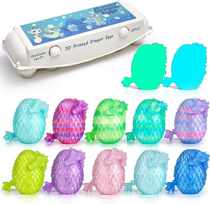 12PCS 3D Printed Dragon Eggs with Mini Dragons Inside – Sensory Fidget Toys for Adults & Kids, Eco-Friendly Egg Paper Packaging, Party Favors, Stress Relief Gifts (Series A)