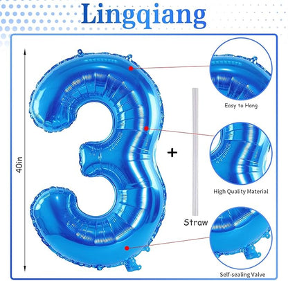 40 Inch Balloon Number 3 Blue, Large Foil Number Balloons Set 0-9, Digital 3 Helium Balloons for Boys Men 3rd 13th 30th Birthday Anniversary Graduation New Year's Eve Party Decoration Supplies