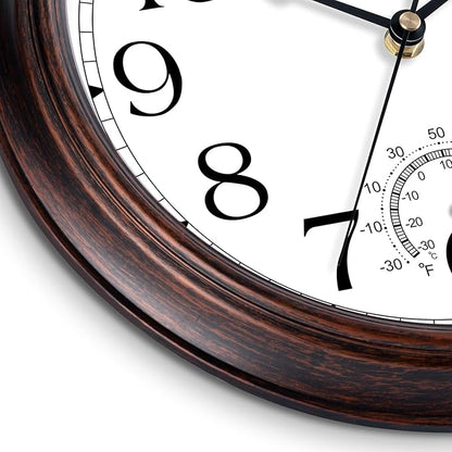 14 Inch Outdoor Wall Clock with Thermometers, Vintage Silent Wall Clocks Battery Operated, Retro Non-Ticking Clock Decorative for Living Room, Patio, Kitchen, Office, Bathroom, Bedroom(Bronze)