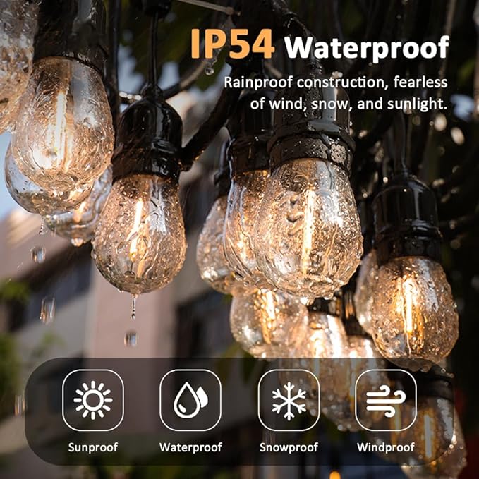 48FT LED Outdoor String Lights for Patio, 15 Shatterproof S14 Vintage Edison Bulbs (1 Spare), Waterproof Hanging Lights for Backyard, Porch, Garden, Bistro, Balcony Lights, Christmas Decor