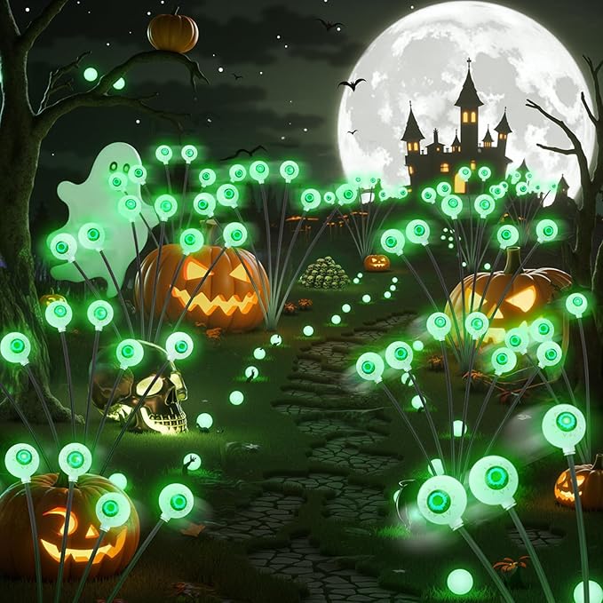 Halloween Outdoor Decorations, Solar Scary Eyeball Lights, 4PACKS 24LED Solar Eyeball Pathway Lights, Steady On & Flash Outdoor Halloween, IP65 Waterproof decorations for Yard/Lawn/Decor(Green)