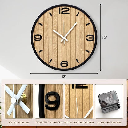 12 Inch Round Wall Clock Battery Operated, Wooden Decorative Analog Clocks Non-Ticking Quartz for Apartment, Living Room, Bedroom, Hallway, Classroom - Easy to Install & Read