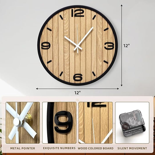 12 Inch Round Wall Clock Battery Operated, Wooden Decorative Analog Clocks Non-Ticking Quartz for Apartment, Living Room, Bedroom, Hallway, Classroom - Easy to Install & Read