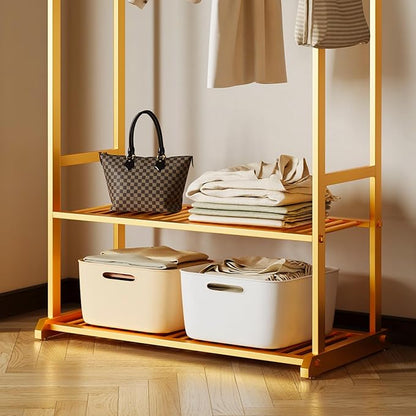 Sturdy heavy duty clothes rack,gold clothing rack with bottom shelves and 6 side hooks,Metal garment rack for hanging clothes for Bedroom