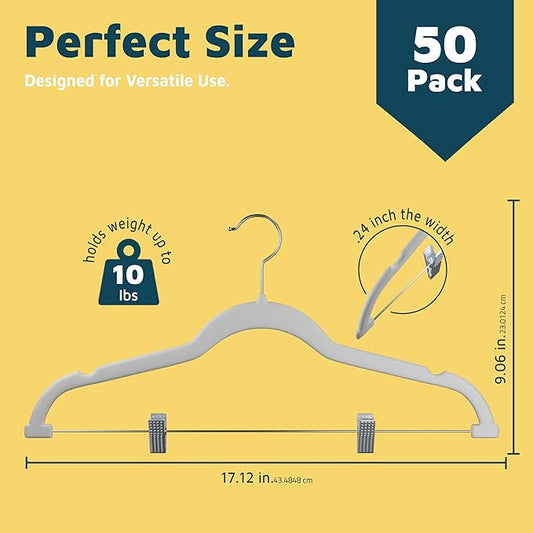 Velvet Skirt Hangers – with Adjustable Clips, 360 Degree Swivel Hook, and Non-Slip Shoulder Notch, Holds Up to 10 lbs, for Organizing Skirt, Pants, Dress, and Clothes, Pack of 50, White