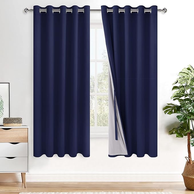 XWZO Full Shading Blackout Curtains 63 Inches Length with Tiebacks- Heat and Light Blocking Ring Top Window Drapes with Black Liner Backing for Bedroom/Living Room, Navy Blue, W60 x L63, Set of 2