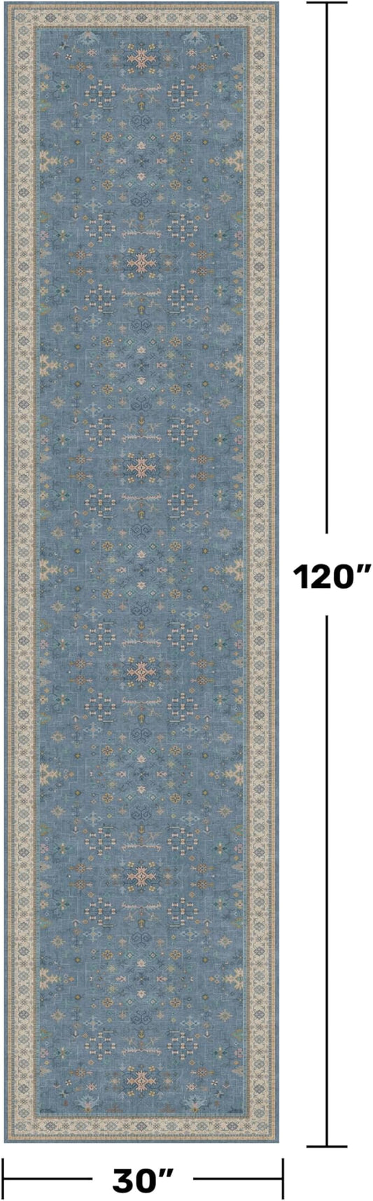 Boho 2'6"x10' Wide Runner Rugs for Hallway Non Skid- 10ft Light Blue Washable Non Slip Long Entryway Rug, Low Pile Geometric Floral Indoor Décor