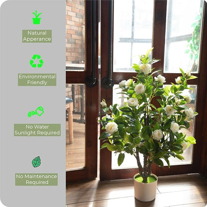 Artificial Camellia Tree 35in Faux Floral Plant with White Flowers and Green Leaves - No Maintenance Indoor Outdoor Office Home Porch Decor Housewarming Gift(2Pack，White)