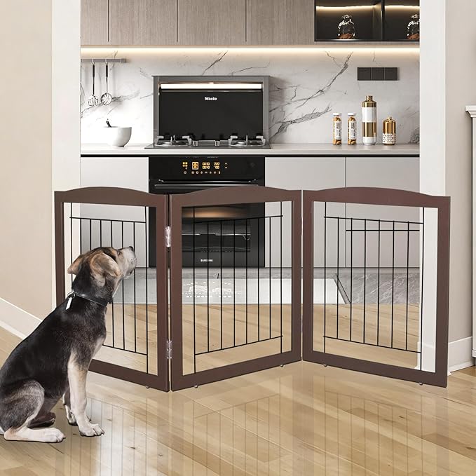 ZJSF Freestanding Foldable Dog Gate for House Extra Wide Wooden Brown Puppy Gate Stairs Dog Gates Doorways Tall Pet Gate 24 "Height 3 Panels Pet Fence