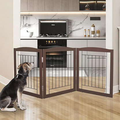 ZJSF Freestanding Foldable Dog Gate for House Extra Wide Wooden Brown Puppy Gate Stairs Dog Gates Doorways Tall Pet Gate 24 "Height 3 Panels Pet Fence
